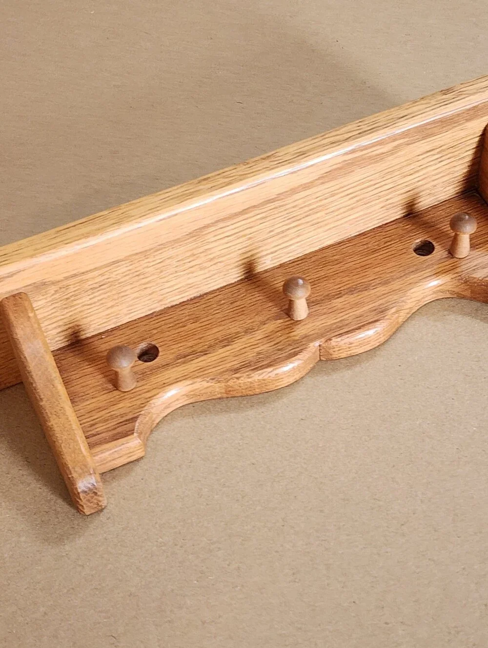 Vintage Oak Wooden Wall Shelf  Cottage Core Key Rack 3 Peg Knick Knack 10.5